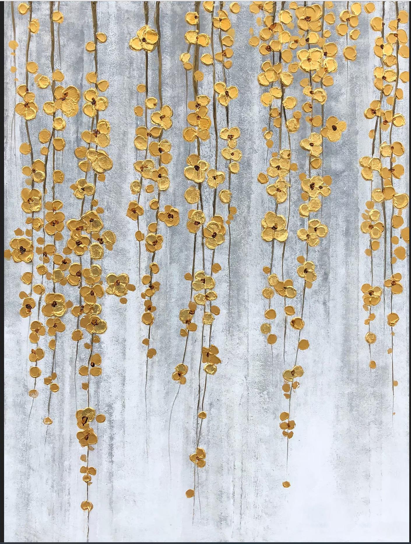 パレットナイフによる自然に垂れ下がる金色の花ウォールアートミニマリズム油絵